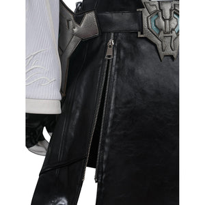 Tifa cosplay costume frames a black faux leather skirt with silver-tone waist armor and a sleek metal zipper side closure.