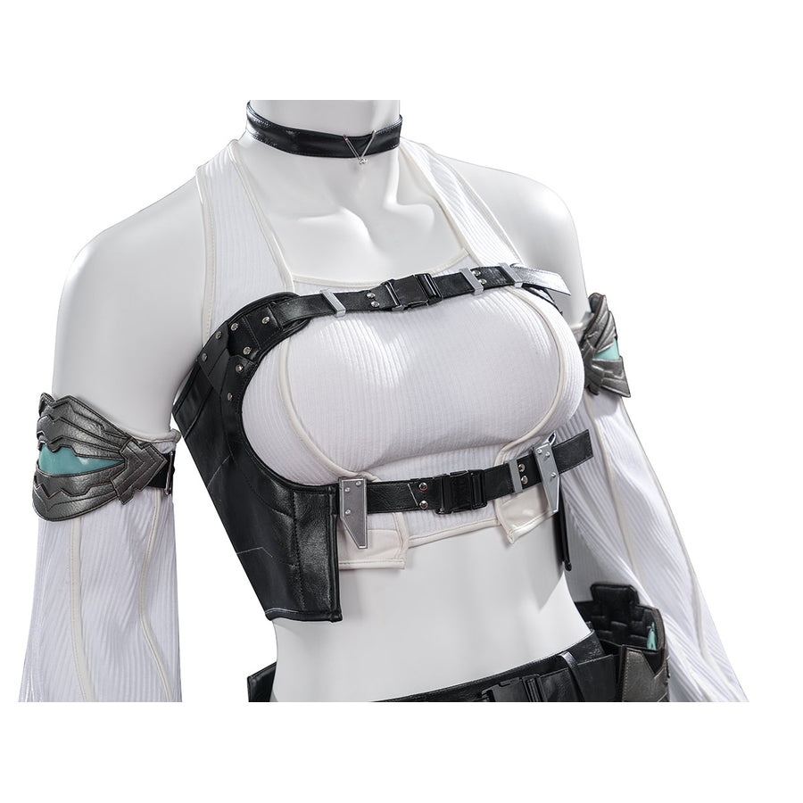 Tifa cosplay costume layers a black faux leather vest over a white ribbed top with detailed metallic arm armor and choker.