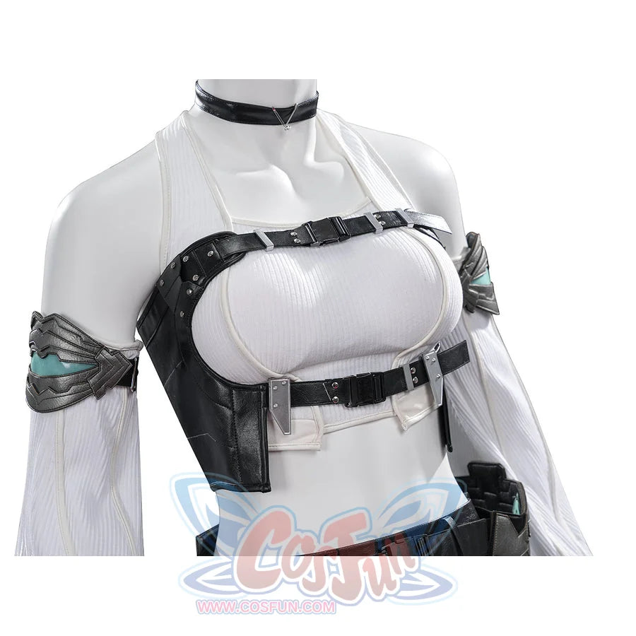 Tifa cosplay costume layers a black faux leather vest over a white ribbed top with detailed metallic arm armor and choker.
