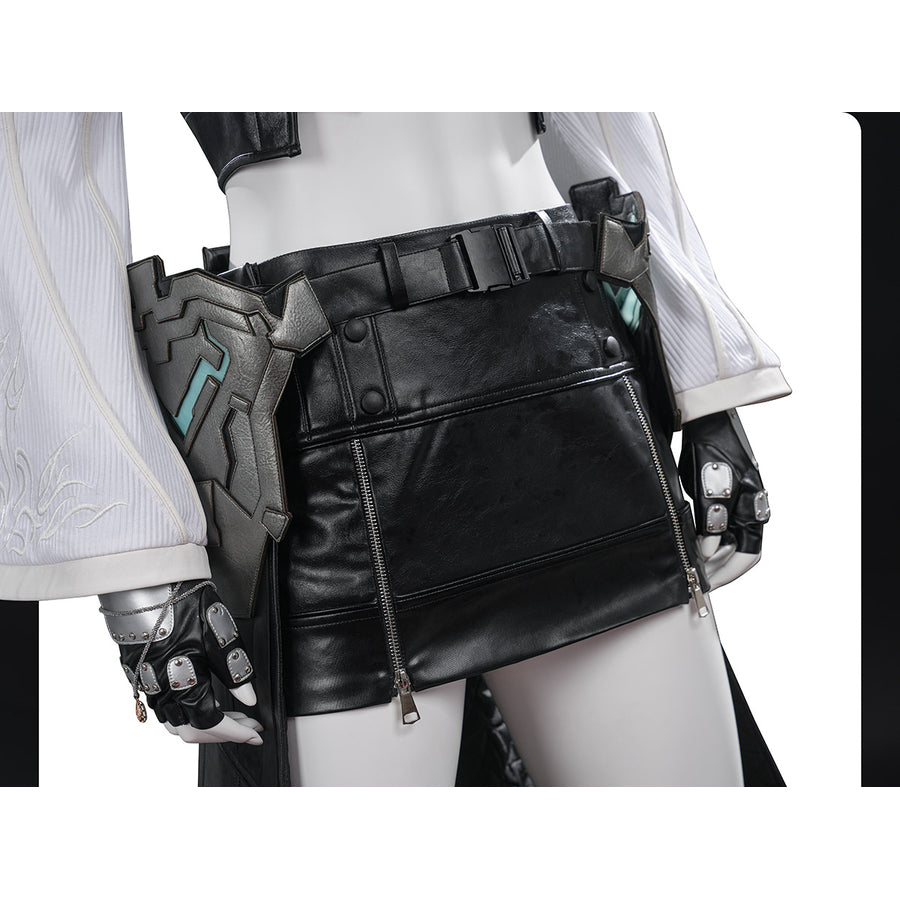 Tifa cosplay costume anchors a black faux leather skirt with side waist armor and silver-tone metallic zipper accents.