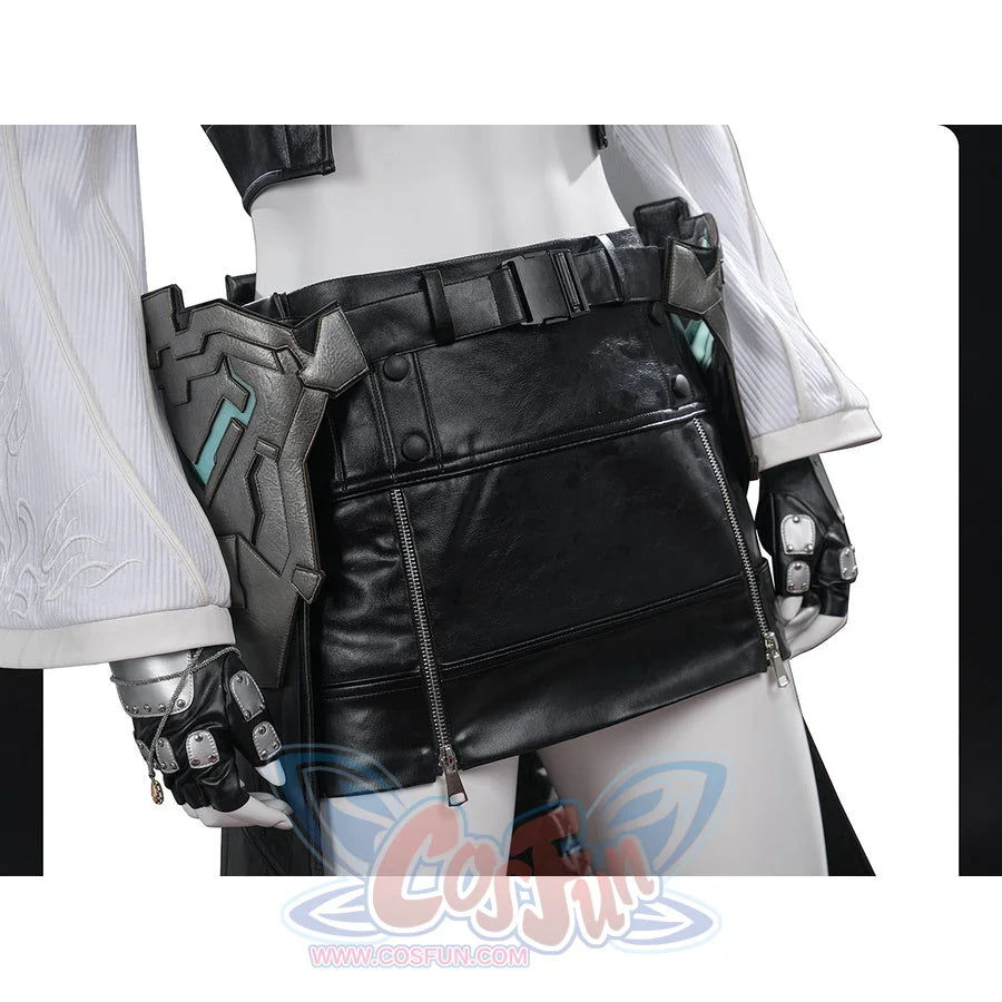 Tifa cosplay costume anchors a black faux leather skirt with side waist armor and silver-tone metallic zipper accents.