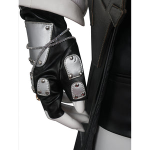 Tifa cosplay costume centers black faux leather glove with silver-tone armor plating and decorative chain.