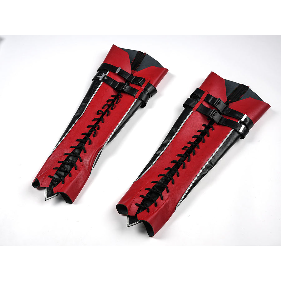 Tifa cosplay costume wraps around the legs with red faux leather panels black lace up detailing and secure buckle straps.