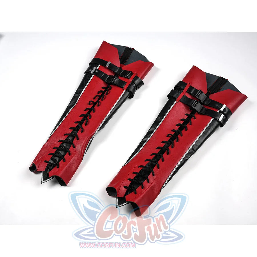 Tifa cosplay costume wraps around the legs with red faux leather panels black lace up detailing and secure buckle straps.