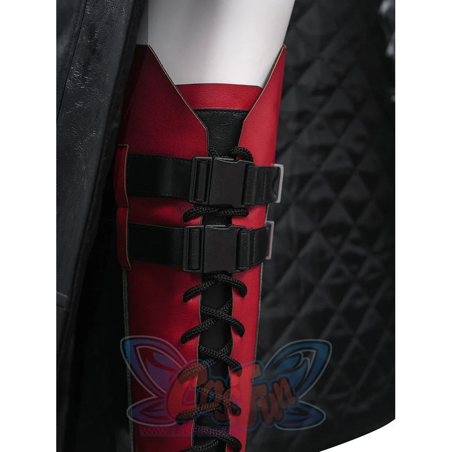 Tifa cosplay costume anchors red faux leather shoe covers with black crisscross lacing and adjustable buckle strap details.