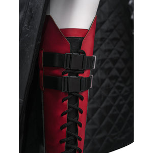 Tifa cosplay costume anchors red faux leather shoe covers with black crisscross lacing and adjustable buckle strap details.
