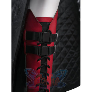 Tifa cosplay costume anchors red faux leather shoe covers with black crisscross lacing and adjustable buckle strap details.