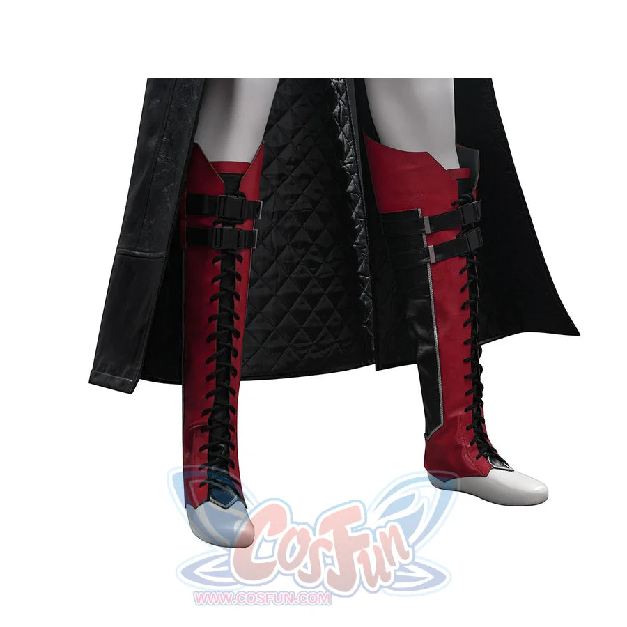 Tifa cosplay costume anchor red and white faux leather shoe covers with black laces beneath a quilted long back cape.
