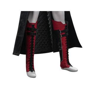 Tifa cosplay costume anchor red and white faux leather shoe covers with black laces beneath a quilted long back cape.