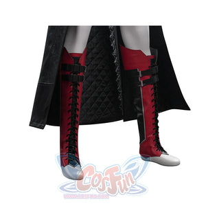 Tifa cosplay costume anchor red and white faux leather shoe covers with black laces beneath a quilted long back cape.