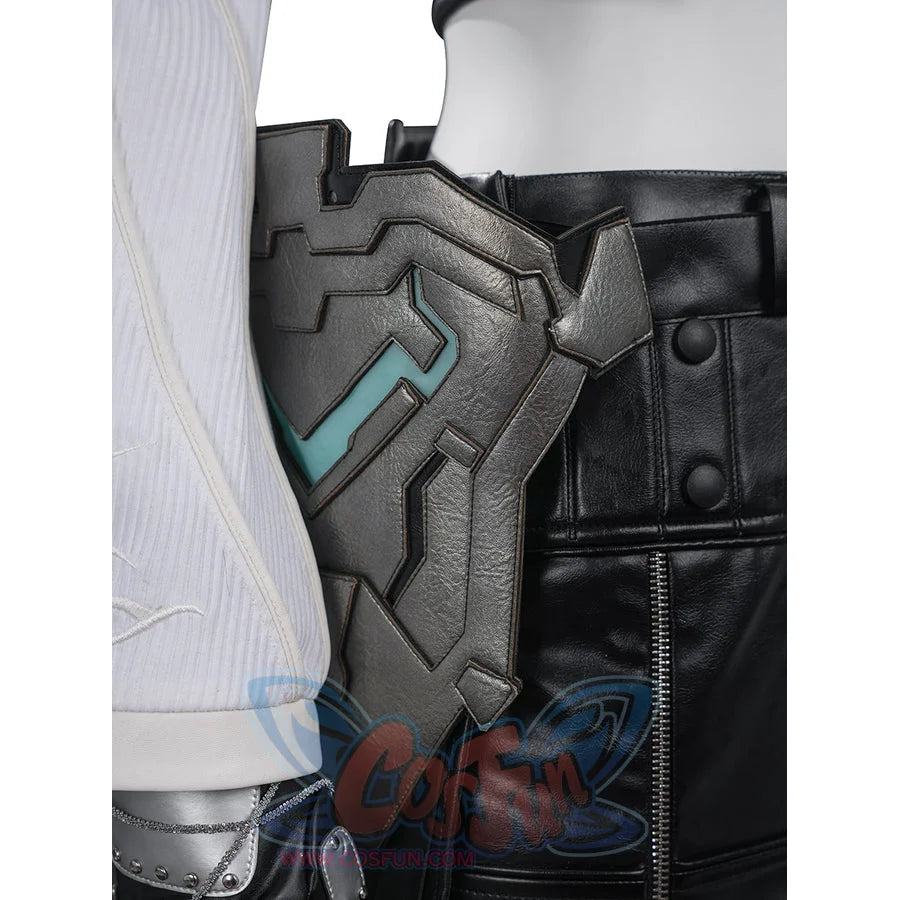 Tifa cosplay costume curves around the waist with intricate faux leather side armor and a textured black skirt layer.