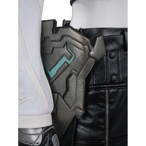 Tifa cosplay costume curves around the waist with intricate faux leather side armor and a textured black skirt layer.