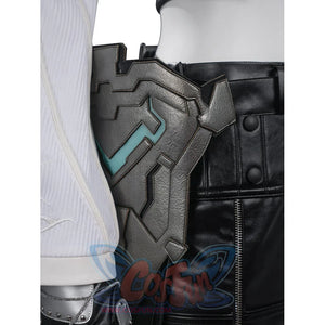 Tifa cosplay costume curves around the waist with intricate faux leather side armor and a textured black skirt layer.