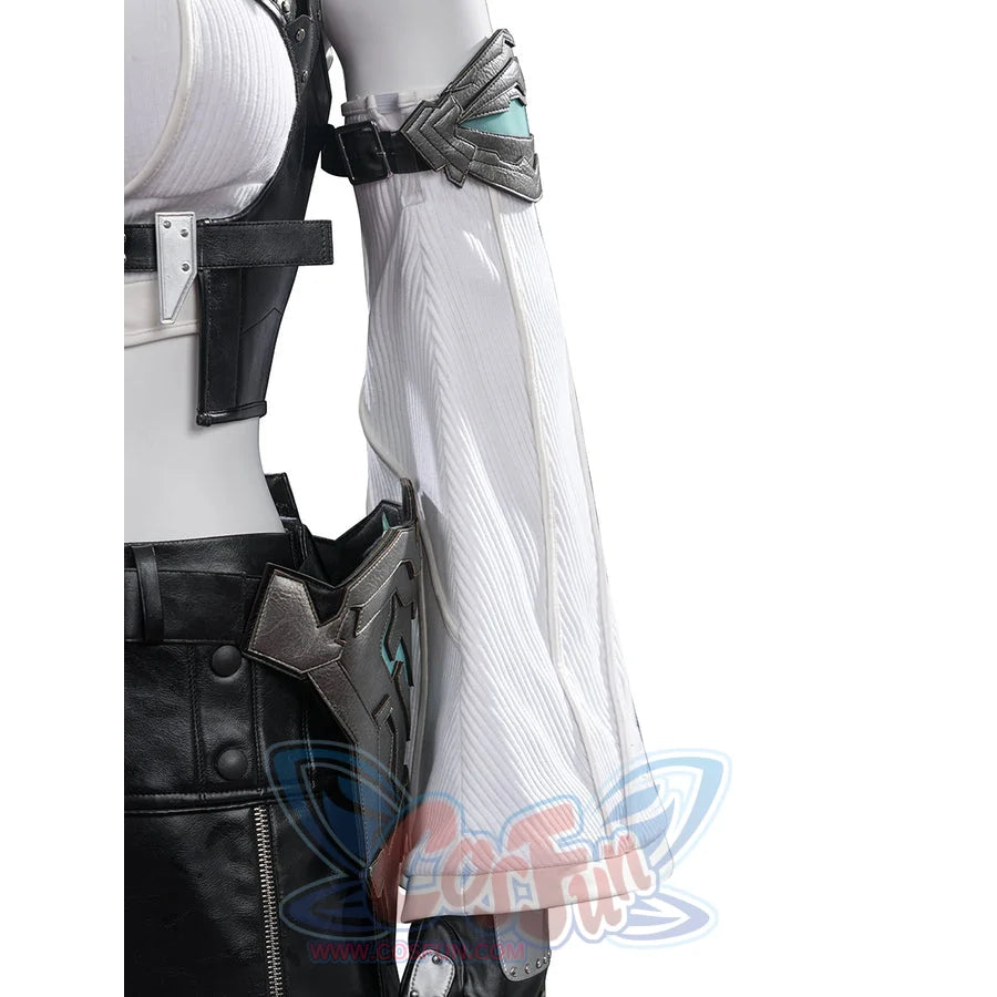 Tifa cosplay costume traces the white ribbed sleeve with intricate metallic arm armor and textured black side waist panels.