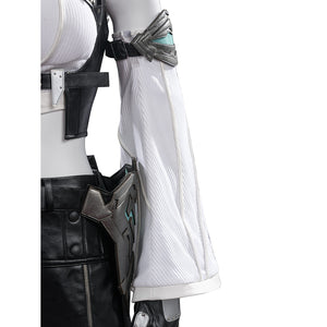 Tifa cosplay costume traces the white ribbed sleeve with intricate metallic arm armor and textured black side waist panels.