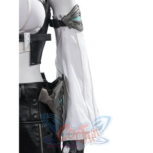 Tifa cosplay costume traces the white ribbed sleeve with intricate metallic arm armor and textured black side waist panels.