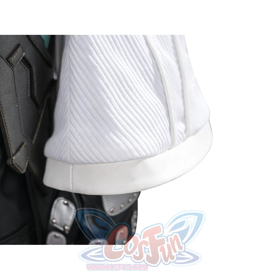 Tifa cosplay costume centers white ribbed knit sleeve paired with black faux leather armor and silver-tone metal accents.