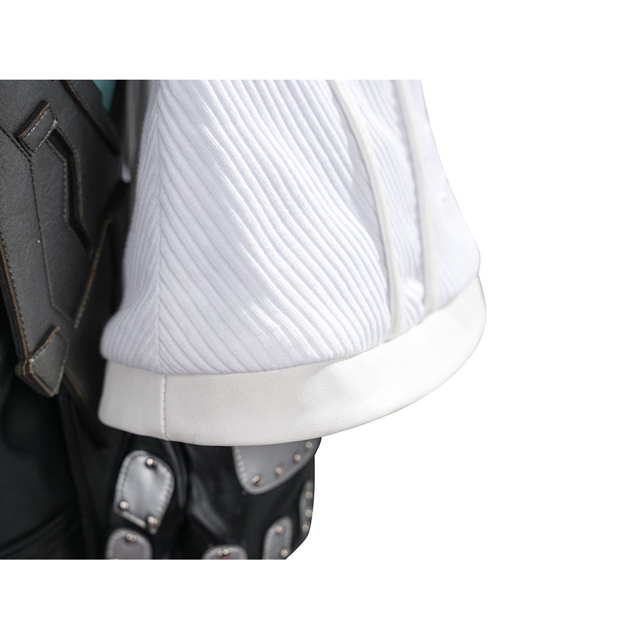 Tifa cosplay costume centers white ribbed knit sleeve paired with black faux leather armor and silver-tone metal accents.