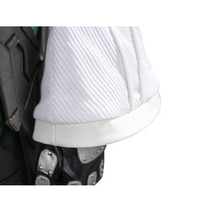 Tifa cosplay costume centers white ribbed knit sleeve paired with black faux leather armor and silver-tone metal accents.
