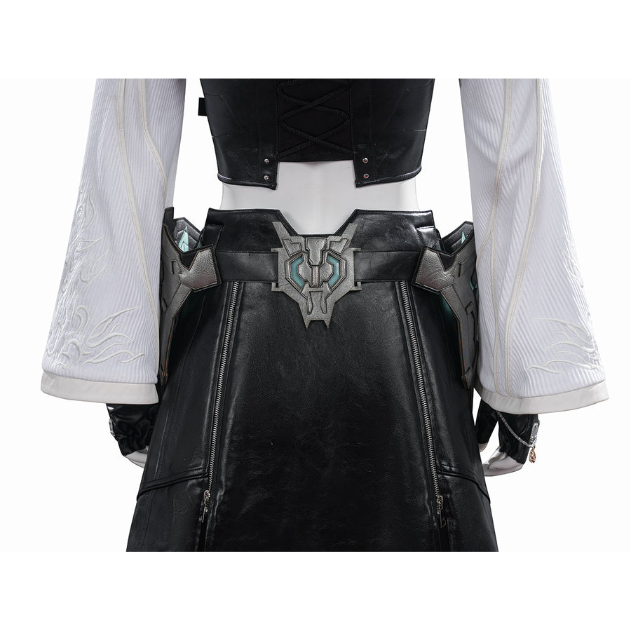 Tifa cosplay costume anchors metallic back waist armor over a black faux leather skirt with long ribbed white sleeves.