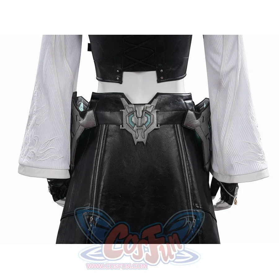 Tifa cosplay costume anchors metallic back waist armor over a black faux leather skirt with long ribbed white sleeves.
