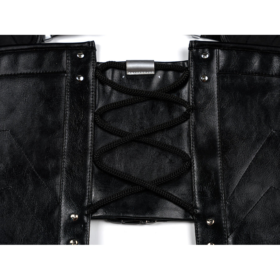 Tifa cosplay costume traces the midsection with faux leather waist armor pairing crisscross cord lacing and metal studs.