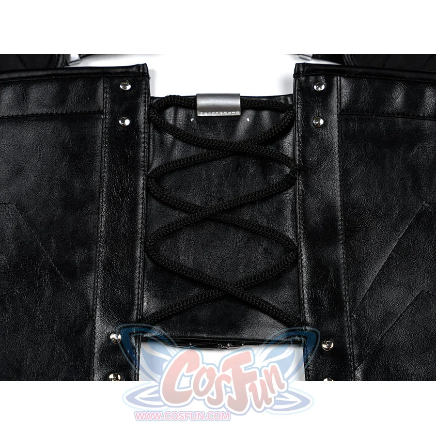 Tifa cosplay costume traces the midsection with faux leather waist armor pairing crisscross cord lacing and metal studs.