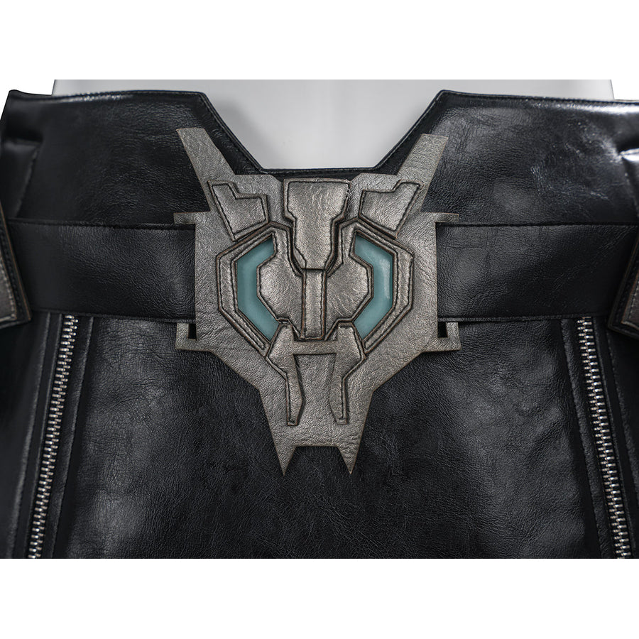 Tifa cosplay costume anchors a metallic embossed waist armor piece centered upon a textured black faux leather belt.