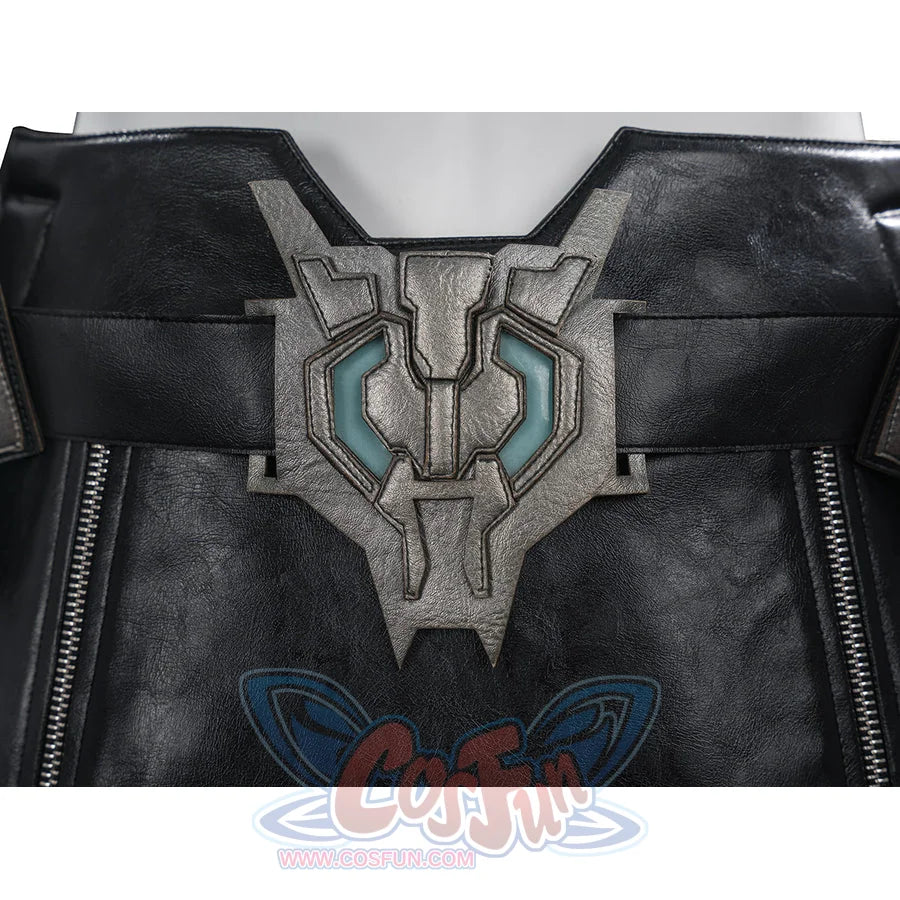 Tifa cosplay costume anchors a metallic embossed waist armor piece centered upon a textured black faux leather belt.