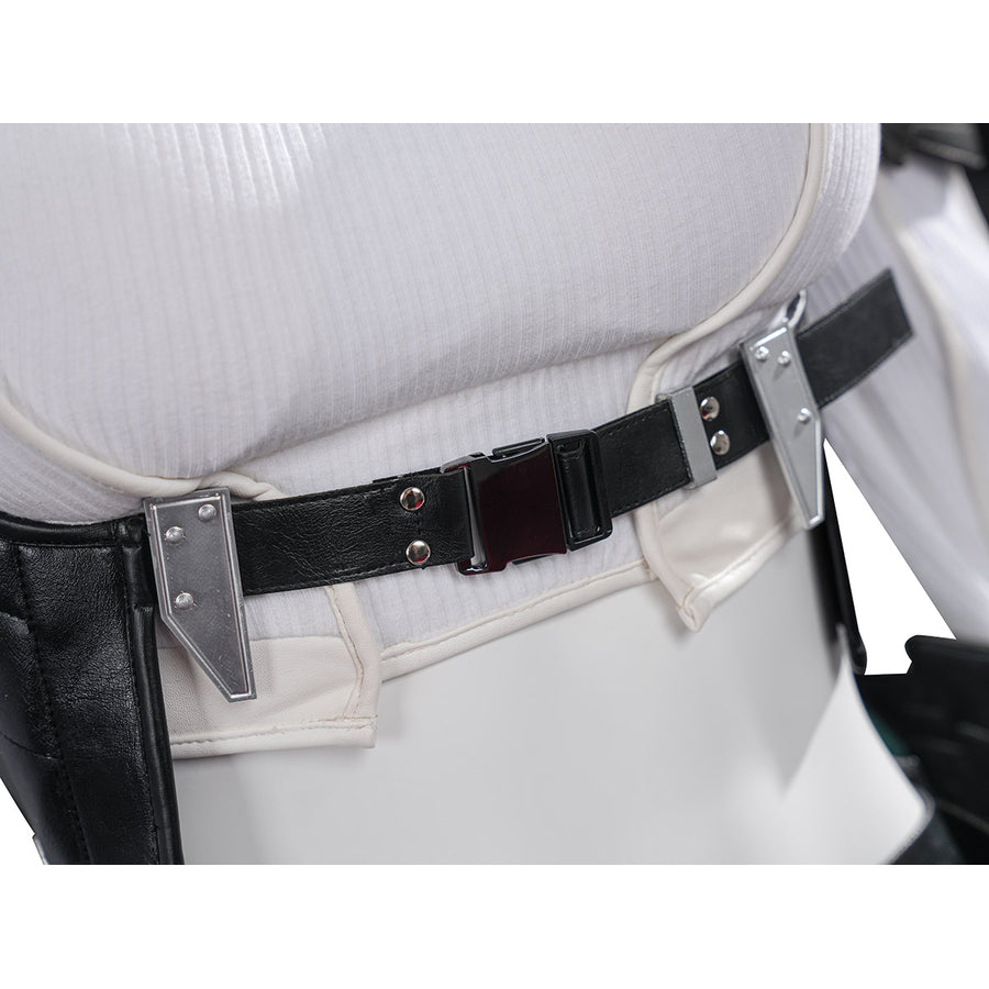 Tifa cosplay costume anchors a black faux leather waist belt with metallic silver-tone accents over a textured white bodice.