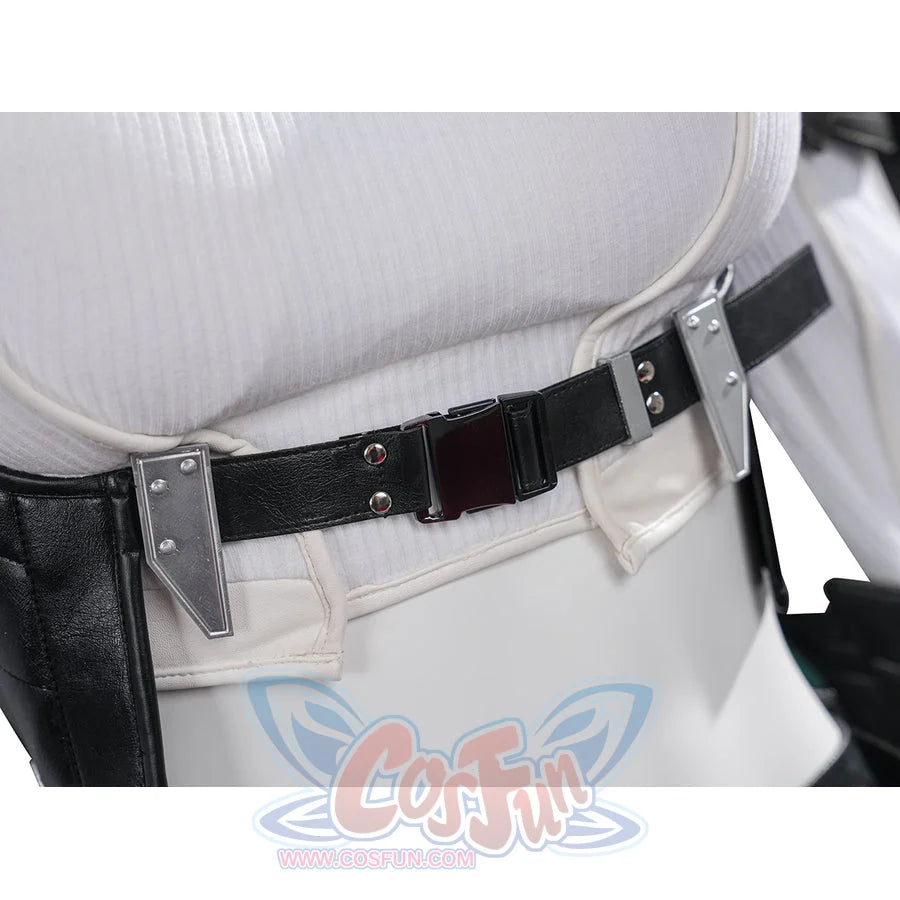 Tifa cosplay costume anchors a black faux leather waist belt with metallic silver-tone accents over a textured white bodice.