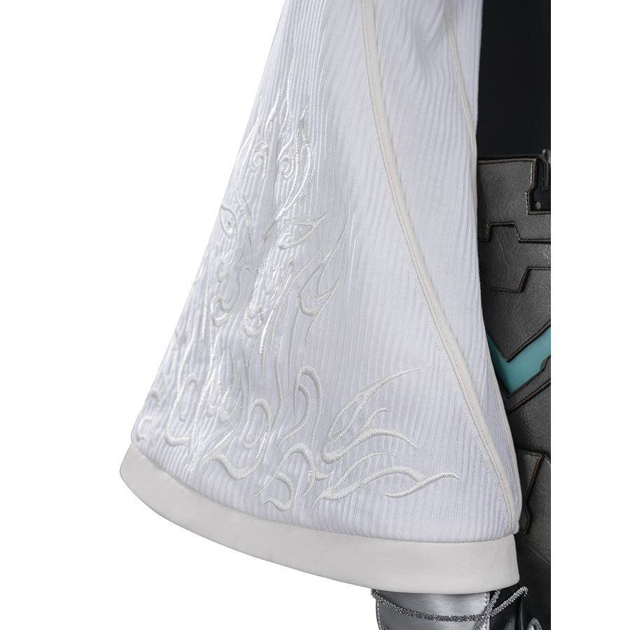 Tifa cosplay costume layers white ribbed fabric with intricate embroidery over dark faux leather armor plate details.