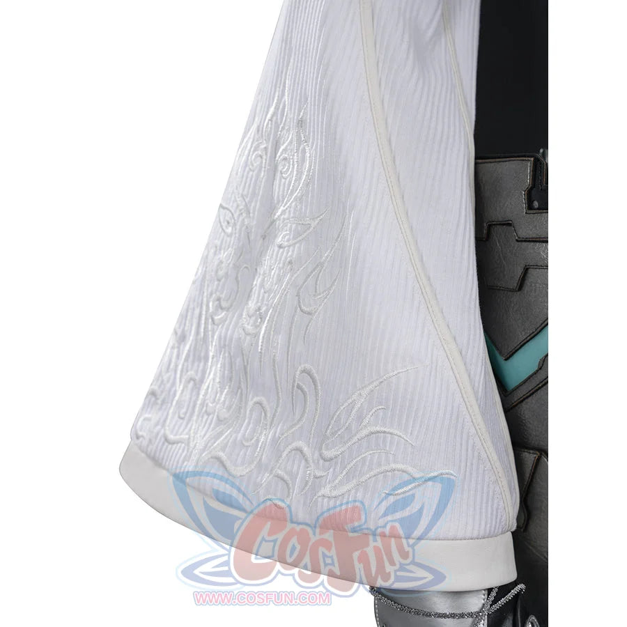 Tifa cosplay costume layers white ribbed fabric with intricate embroidery over dark faux leather armor plate details.