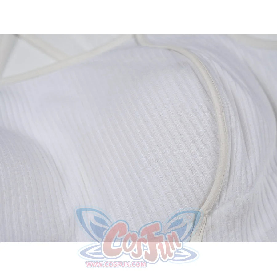 Tifa cosplay costume traces the soft texture of the white ribbed knit top through smooth faux leather edge bindings.