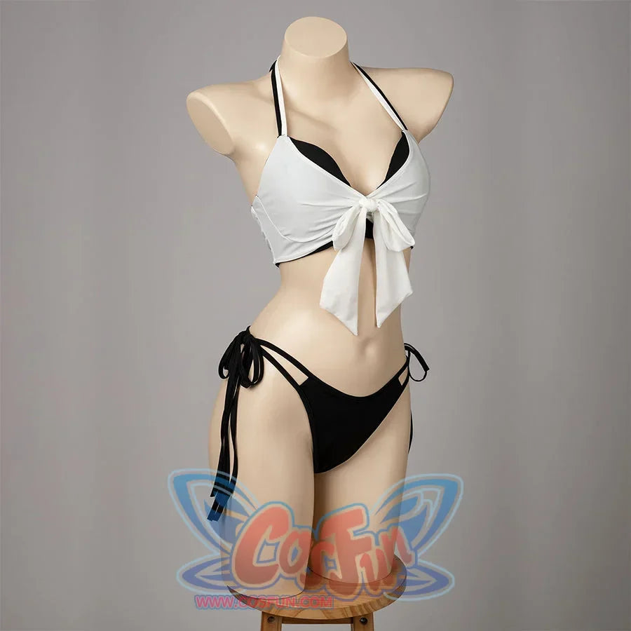 Final Fantasy VII Tifa Lockhart cosplay swimsuit angles the white wrap top over black bikini bottom ties.
