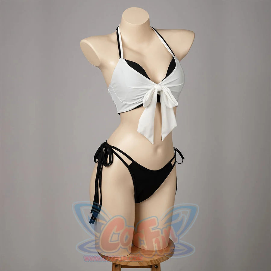 COSFUN Final Fantasy VII Tifa Lockhart cosplay swimsuit centers a white tied bikini top above black side-tie bottoms.