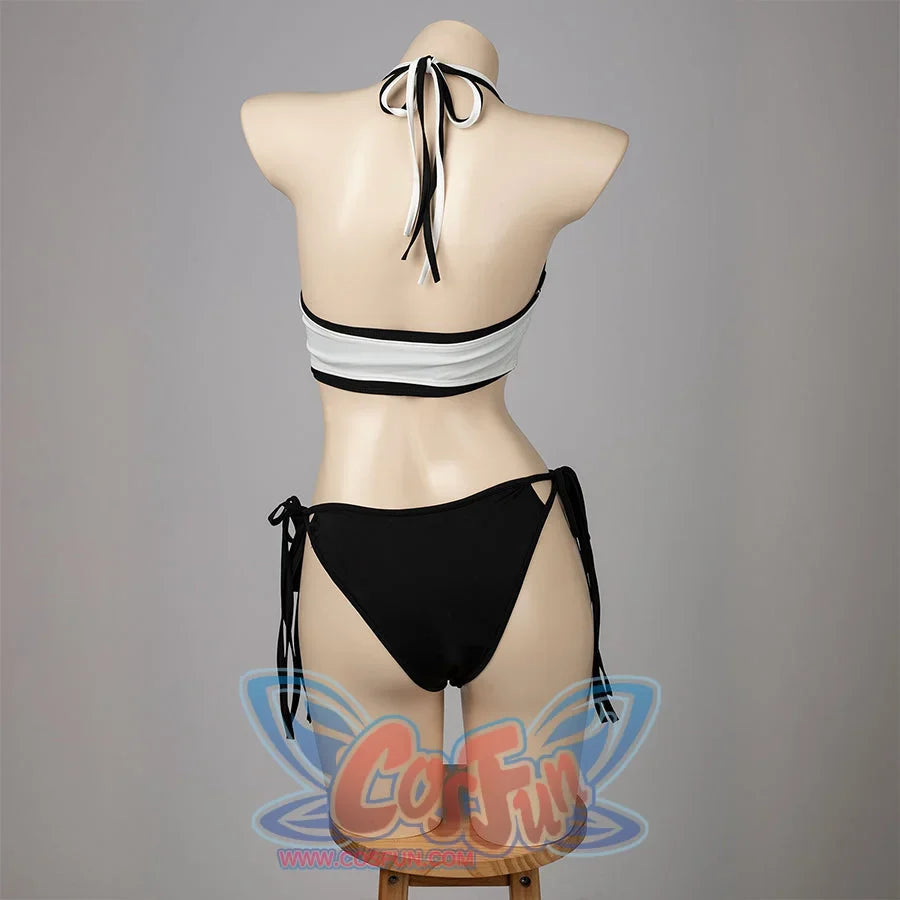 Final Fantasy VII Tifa Lockhart cosplay swimsuit turns the halter back ties above the black bikini bottom.