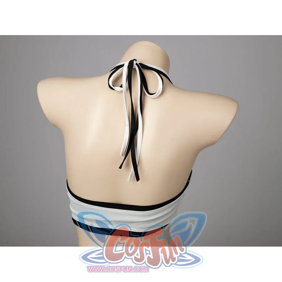 Final Fantasy VII Tifa Lockhart cosplay swimsuit ties black and white halter straps across the upper back.