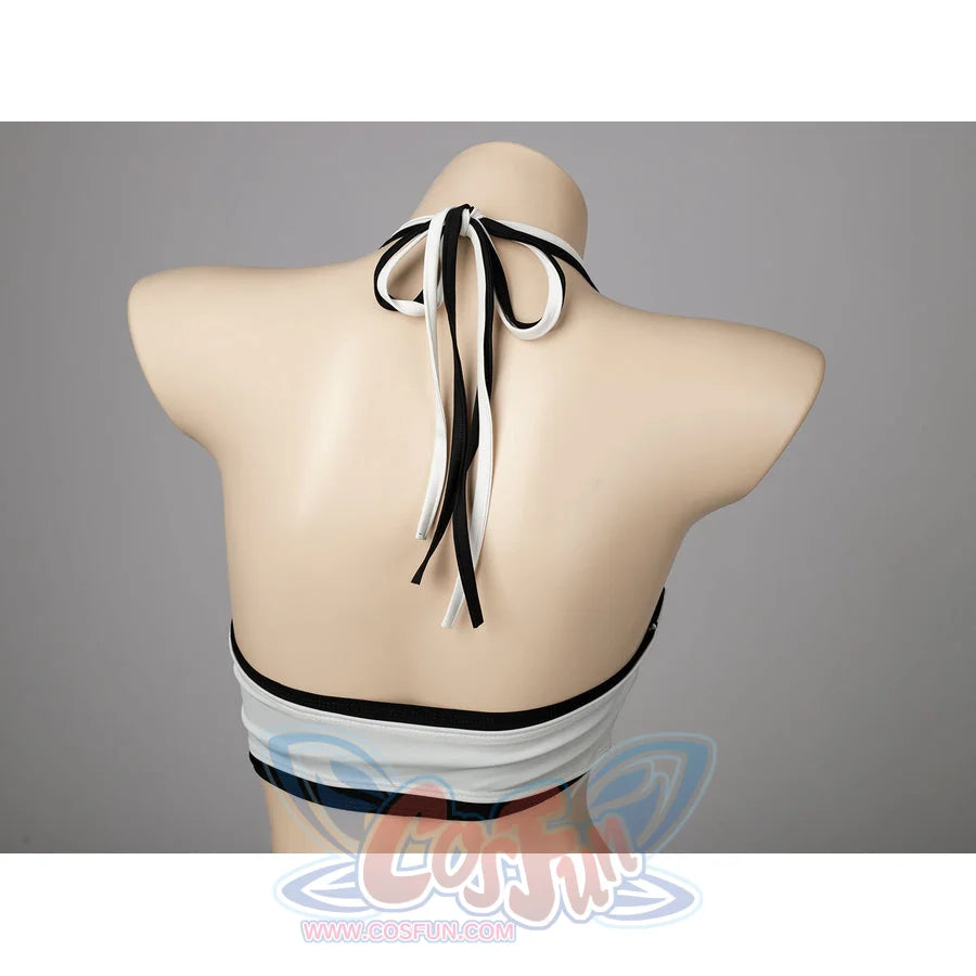 Final Fantasy VII Tifa Lockhart cosplay swimsuit ties black and white halter straps across the upper back.
