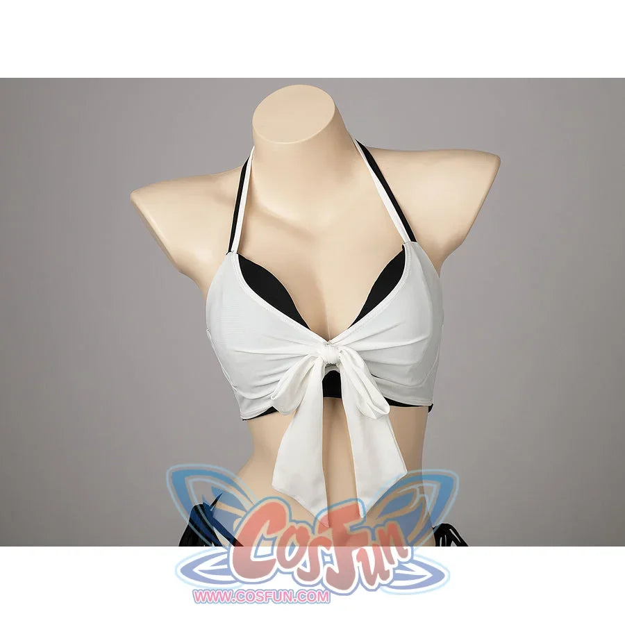 Final Fantasy VII Tifa Lockhart cosplay swimsuit frames the knotted white wrap top over black cups.
