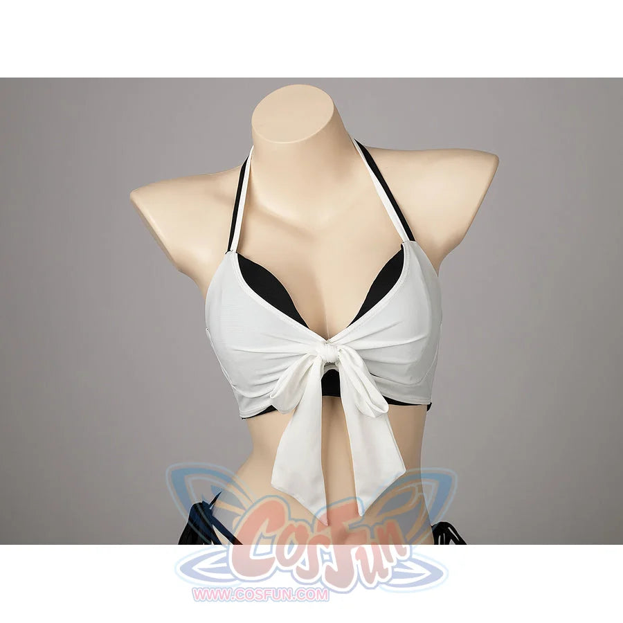 Final Fantasy VII Tifa Lockhart cosplay swimsuit frames the knotted white wrap top over black cups.