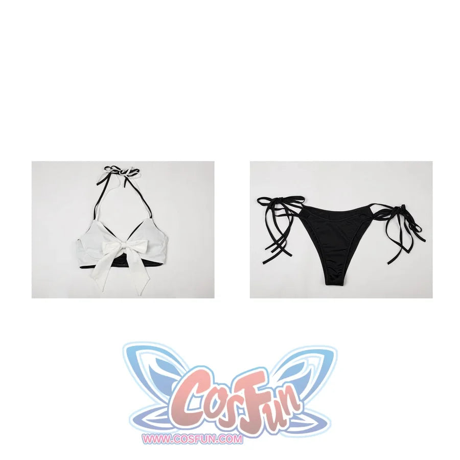 Final Fantasy VII Tifa Lockhart cosplay swimsuit lays separate top and bottom pieces into a flat layout.