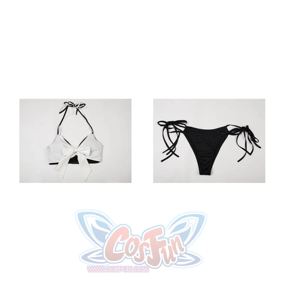 Final Fantasy VII Tifa Lockhart cosplay swimsuit lays separate top and bottom pieces into a flat layout.