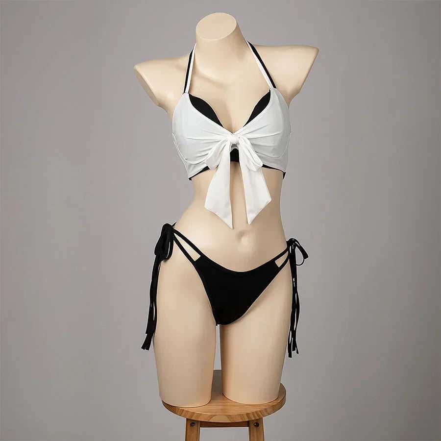 COSFUN Final Fantasy VII Tifa Lockhart cosplay swimsuit centers a white tied bikini top above black side-tie bottoms.