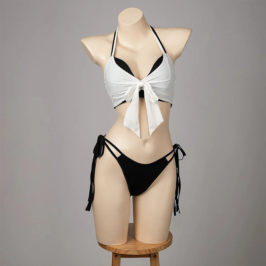 COSFUN Final Fantasy VII Tifa Lockhart cosplay swimsuit centers a white tied bikini top above black side-tie bottoms.