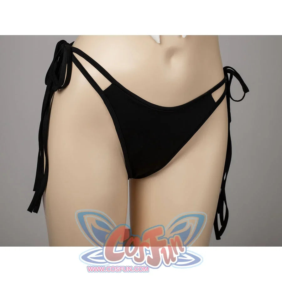 Final Fantasy VII Tifa Lockhart cosplay swimsuit anchors black side bows along the bikini bottom.