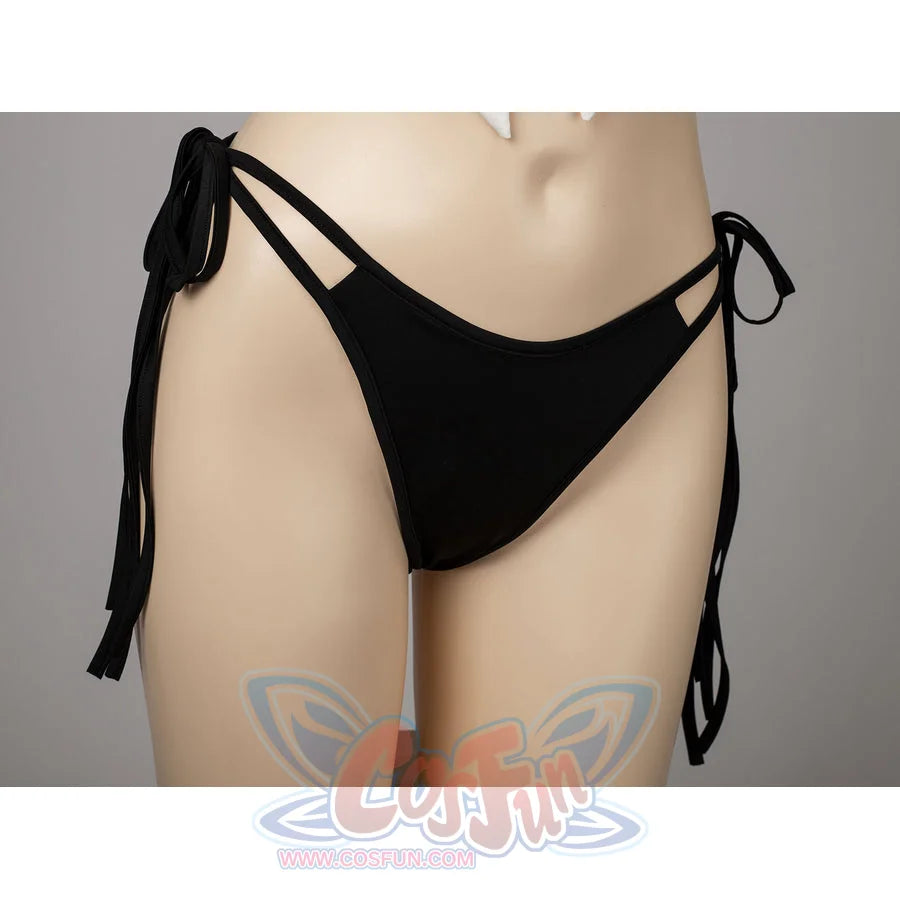 Final Fantasy VII Tifa Lockhart cosplay swimsuit anchors black side bows along the bikini bottom.