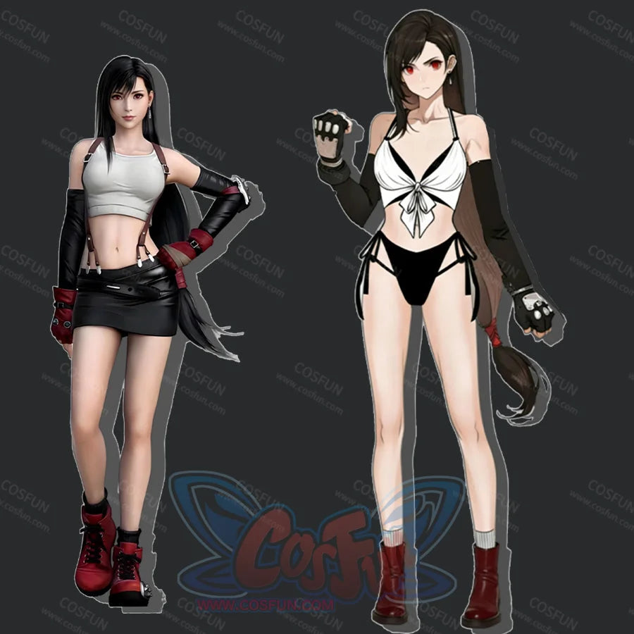 Final Fantasy VII Tifa Lockhart cosplay swimsuit compares the white bikini design beside Tifa Lockhart character art.