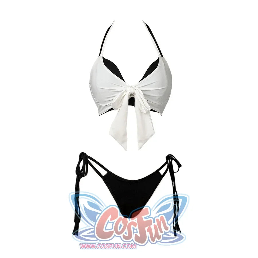 Final Fantasy VII Tifa Lockhart cosplay swimsuit lays the white wrap top and black bottom in a product layout.