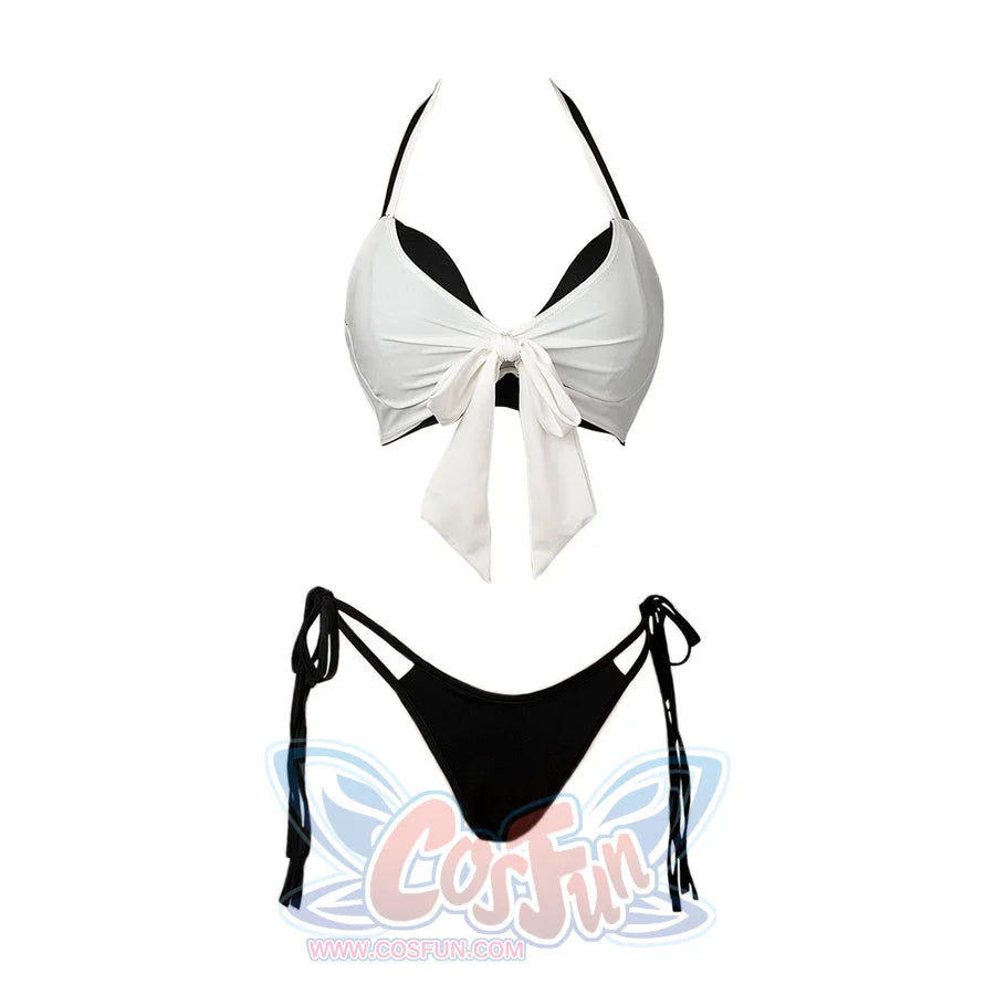 Final Fantasy VII Tifa Lockhart cosplay swimsuit lays the white wrap top and black bottom in a product layout.